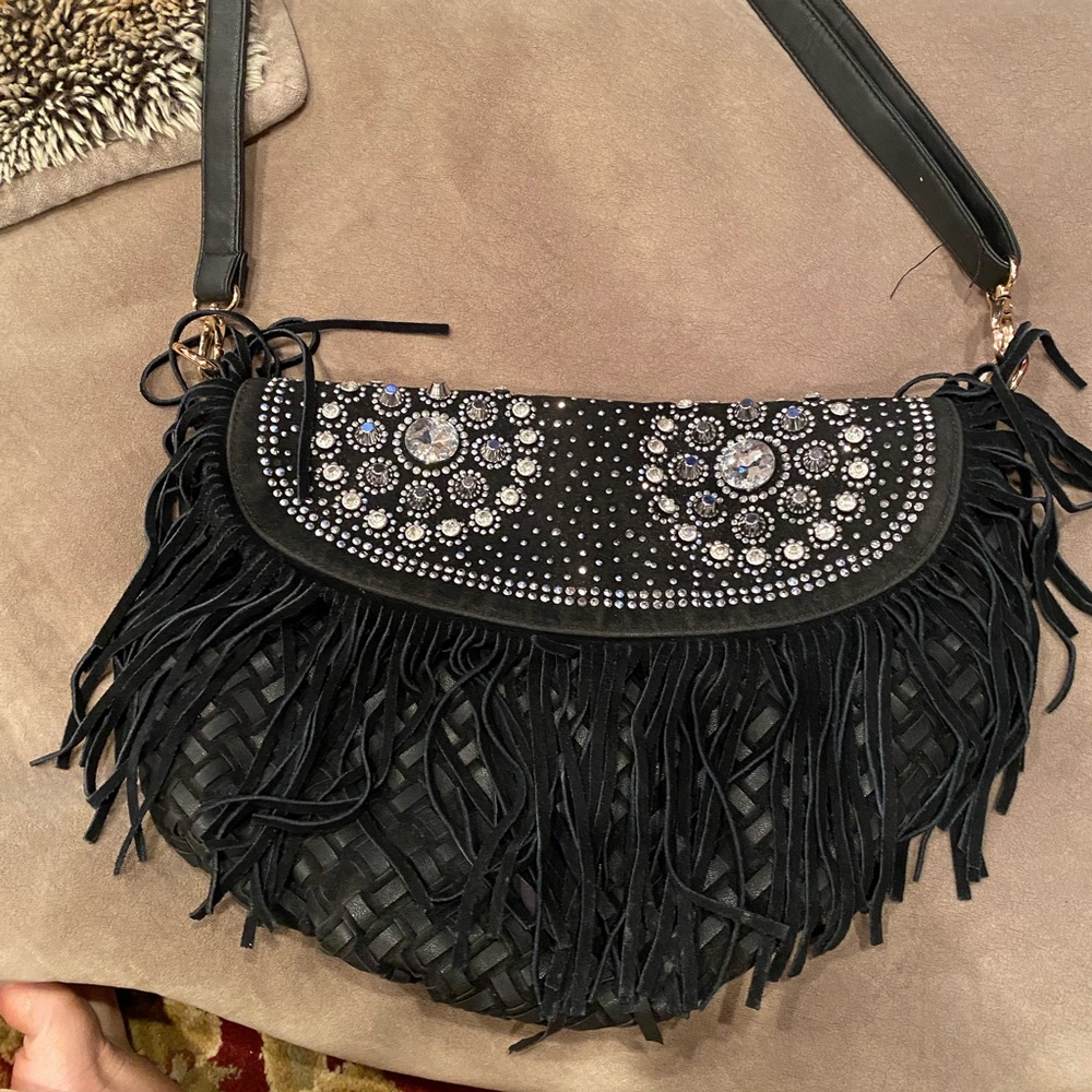 Crossbody! Black suede fringe bag with woven design and sparkles on flap
